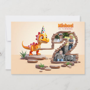 Little Dino Dragon   2nd Birthday Big Number Photo Invitation
