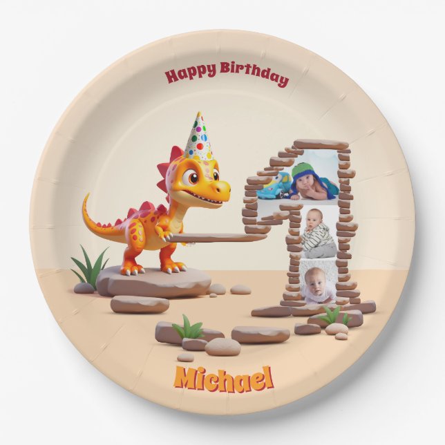 Little Dino Dragon | Photo Big Number 1st Birthday Paper Plate (Front)