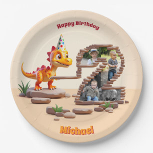 Little Dino Dragon   Photo Big Number 2nd Birthday Paper Plate