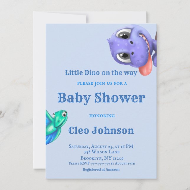 Little Dino on The Way Blue Boy Baby Shower Invita Invitation (Front)