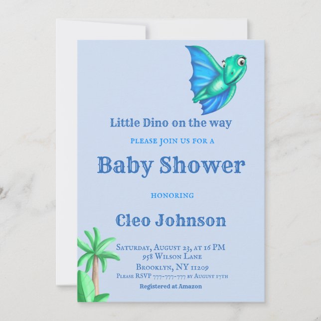 Little Dino on The Way Blue Boy Baby Shower Invitation (Front)