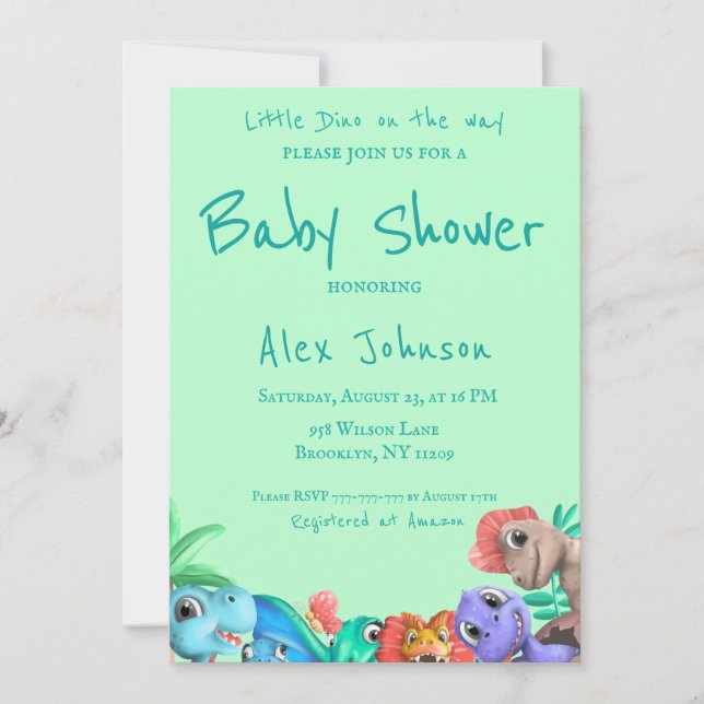 Little Dino on The Way Greenery Baby Shower Invitation (Front)