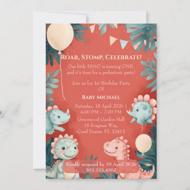 Little Dino Turning One Orange Watercolor Birthday Invitation (Front)