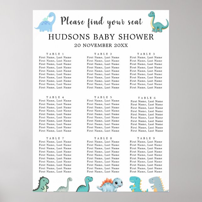 Little Dinosaur Cute Baby Shower Seating Charts (Front)