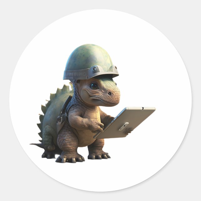 Little dinosaur soldier wearing a helmet and holdi classic round sticker (Front)