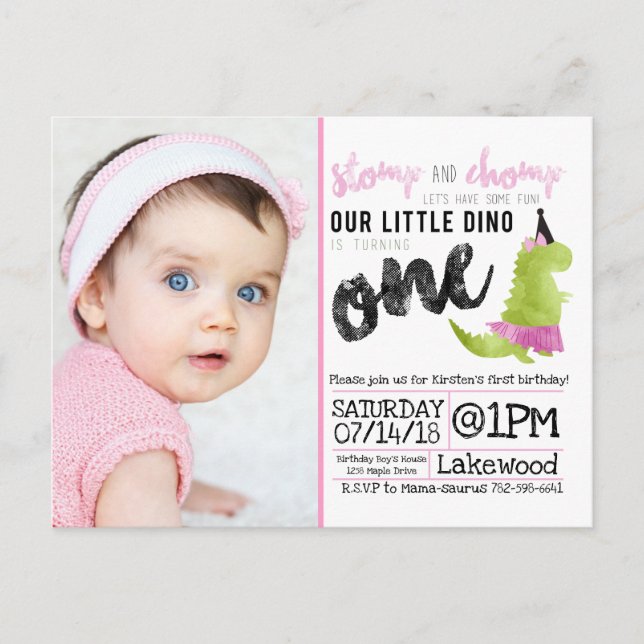 Little Dinosaur Tutu Pink Dinosaur Ballerina Green Invitation Postcard (Front)