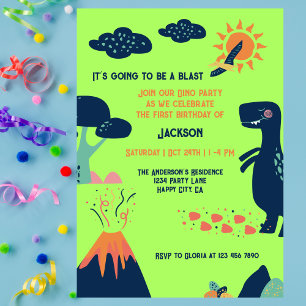 Little Dinosaur Volcano Green Blue 1st Birthday Invitation