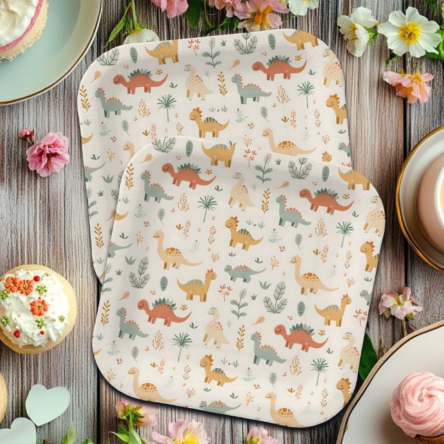 Little Dinosaurs Beige Neutral Tones Paper Plate (Creator Uploaded)