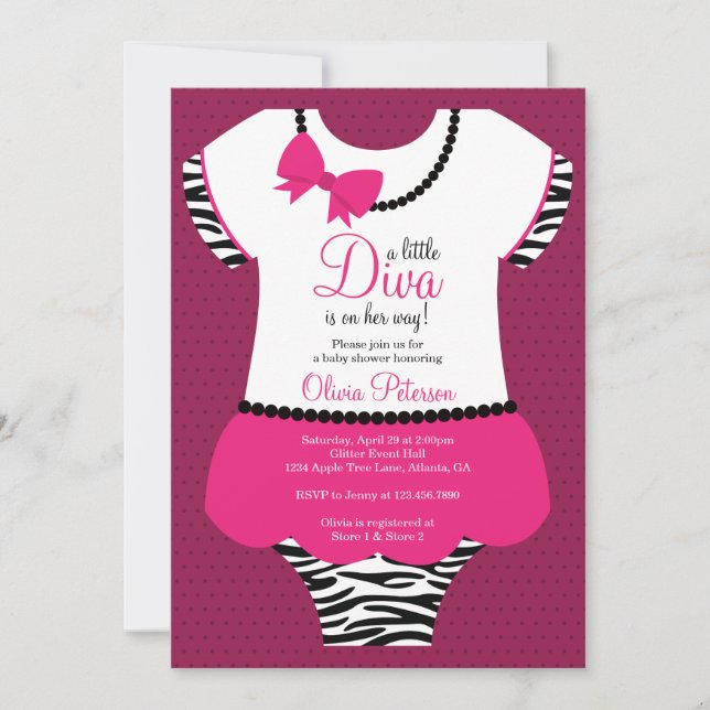 Little Diva Baby Shower Invitation, Zebra, Pink Invitation (Front)