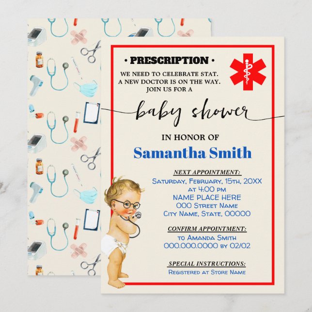 Little Doctor is on his Way Medical Baby Shower Invitation (Front/Back)