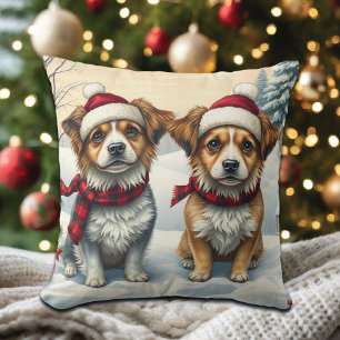 Little Dogs in Preppy Winter Attire and Hat Winter Cushion