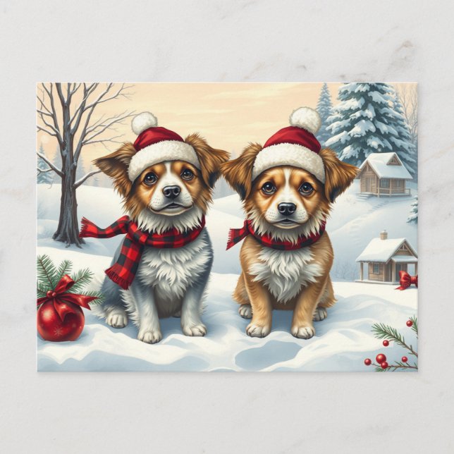 Little Dogs in Preppy Winter Attire and Hat Winter Postcard (Front)