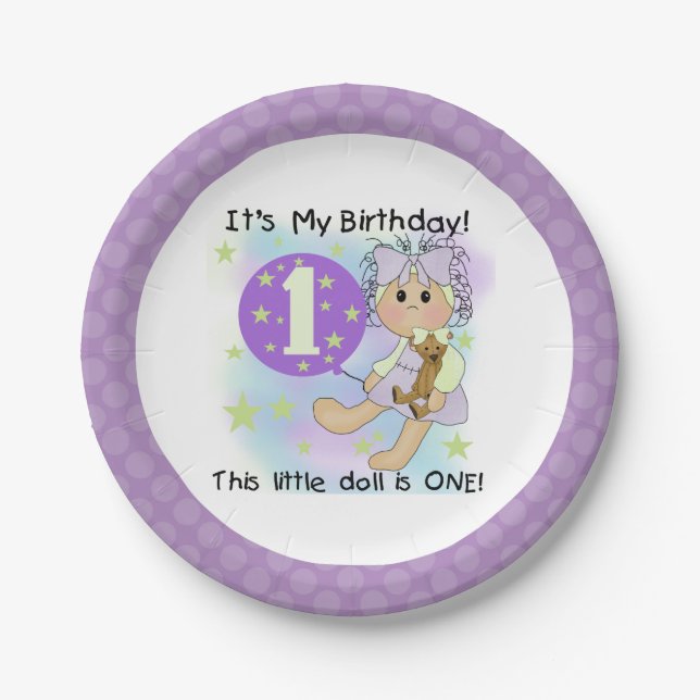 Little Doll Girl 1st Birthday Paper Plates (Front)