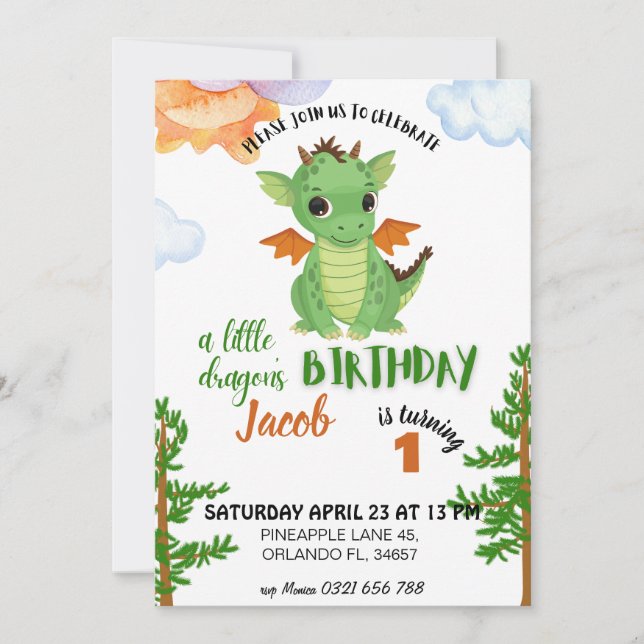 little Dragon Birthday Invitation, boy baby invite (Front)
