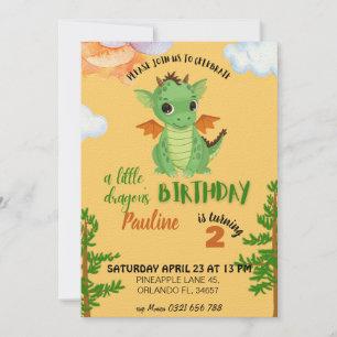 little Dragon Birthday Invite orange baby bday