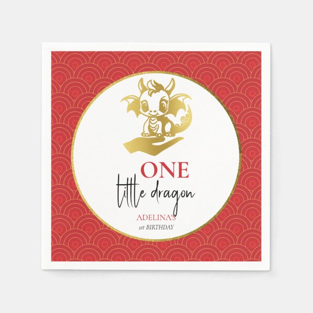 Little Dragon Cute Red Gold Baby 1st Birthday Napkin (Front)