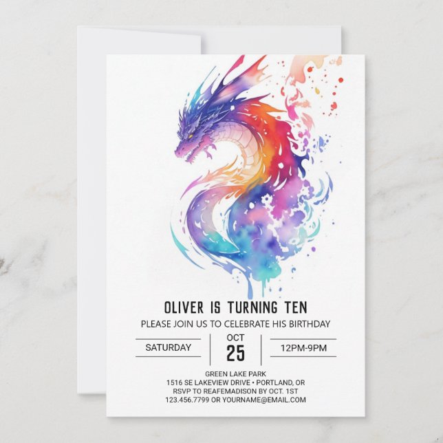 Little Dragon Dreams Watercolor Birthday Invitation (Front)