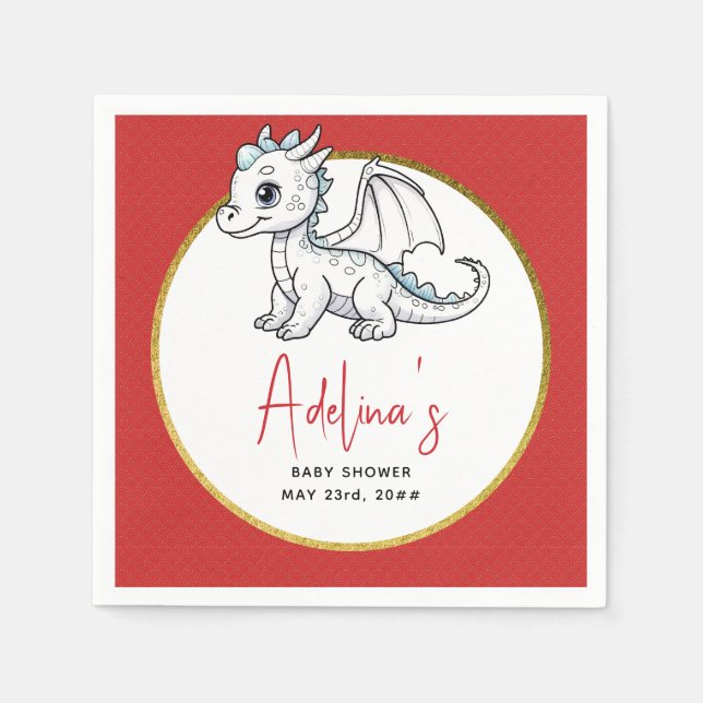 Little Dragon Is On The Way Cute Red Baby Shower Napkin (Front)