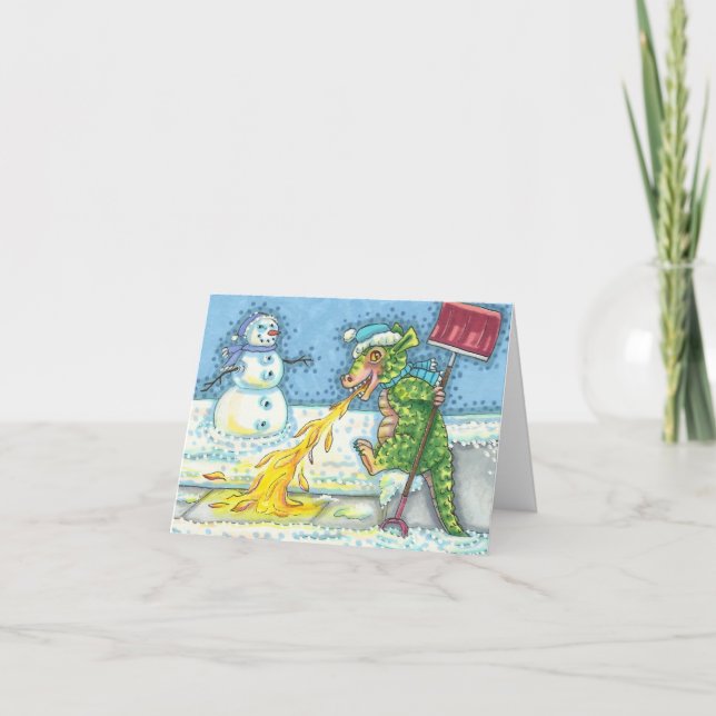LITTLE DRAGON MELTING & SHOVELING SNOW Funny Blank Holiday Card (Front)