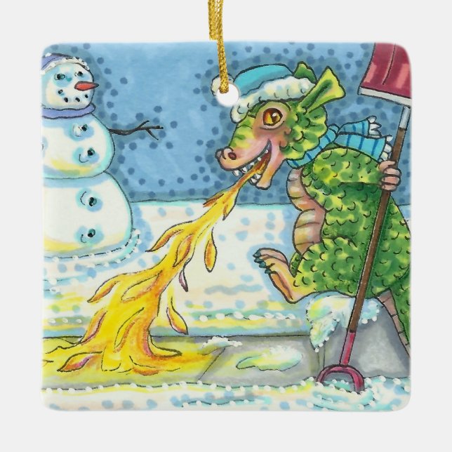 LITTLE DRAGON MELTING & SHOVELING SNOW, FUNNY CUTE CERAMIC ORNAMENT (Front)