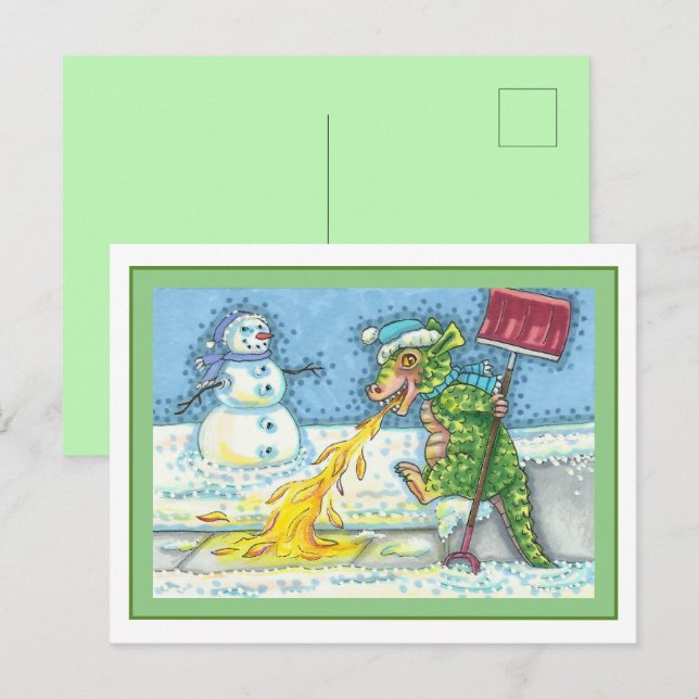 LITTLE DRAGON MELTING & SHOVELING SNOW, FUNNY CUTE HOLIDAY POSTCARD (Front/Back)