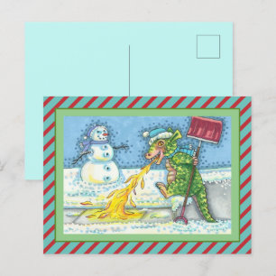 LITTLE DRAGON MELTING & SHOVELING SNOW, FUNNY CUTE HOLIDAY POSTCARD