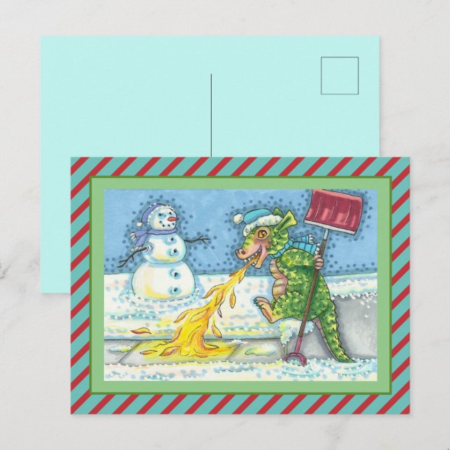 LITTLE DRAGON MELTING & SHOVELING SNOW, FUNNY CUTE HOLIDAY POSTCARD (Front/Back)