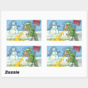 LITTLE DRAGON MELTING & SHOVELING SNOW, FUNNY CUTE RECTANGULAR STICKER