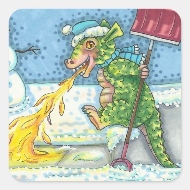 LITTLE DRAGON MELTING & SHOVELING SNOW, FUNNY CUTE SQUARE STICKER (Front)