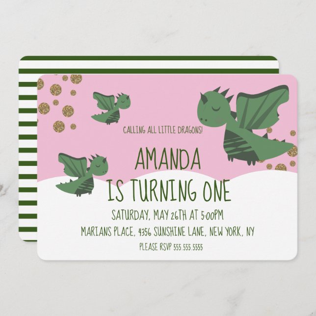 Little Dragons Glitter and Clouds Birthday Party Invitation (Front/Back)