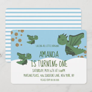 Little Dragons Glitter and Clouds Birthday Party Invitation