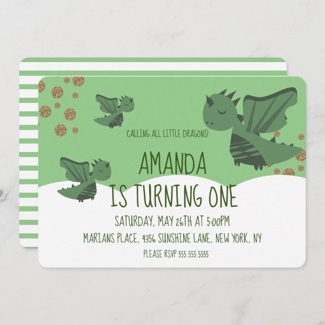 Little Dragons Glitter and Clouds Birthday Party Invitation (Front/Back)