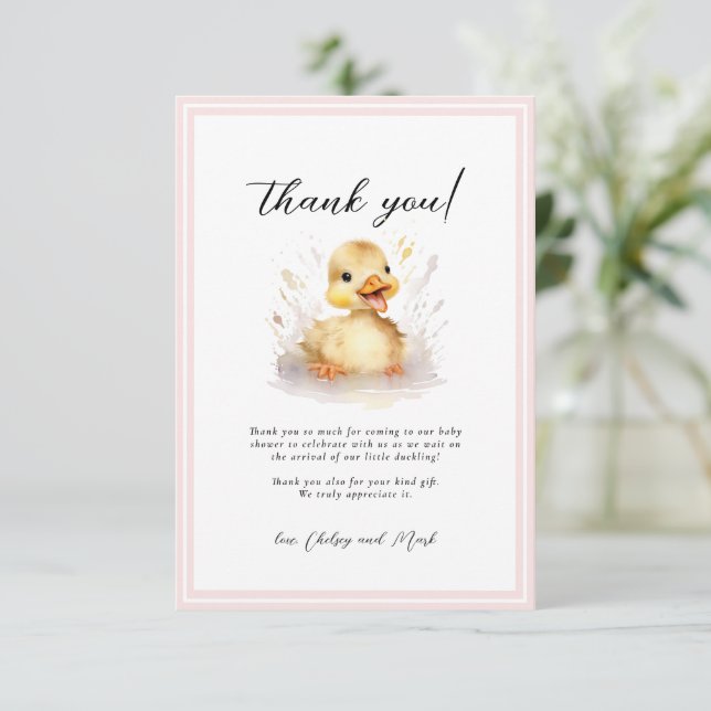 Little Duck Baby Shower Pink Thank You Card (Standing Front)
