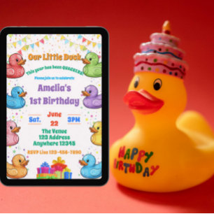Little Duck, Colourful Rubber Duck, 1st birthday Invitation