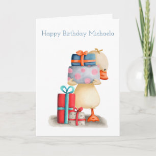 Little duck with presents personalised Birthday Card