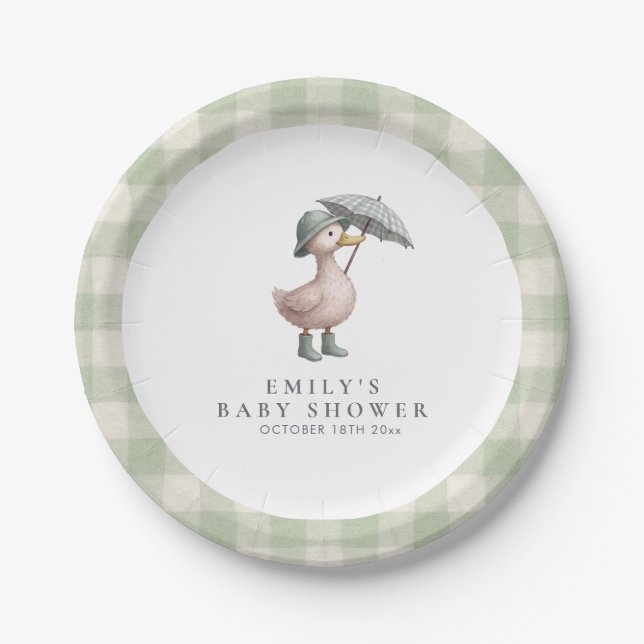 Little Duckling Green Gender Neutral Baby Shower Paper Plate (Front)
