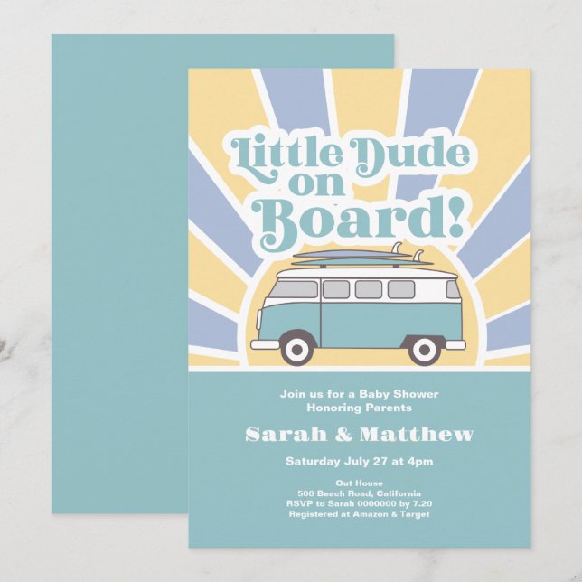 Little Dude on board retro baby shower Invitation (Front/Back)