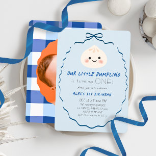 Little Dumpling Blue Bow Boy 1st Birthday Photo Invitation