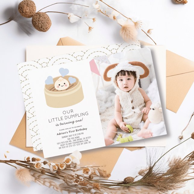 Little Dumpling Blue Boy 1st Birthday Photo Invitation (Creator Uploaded)