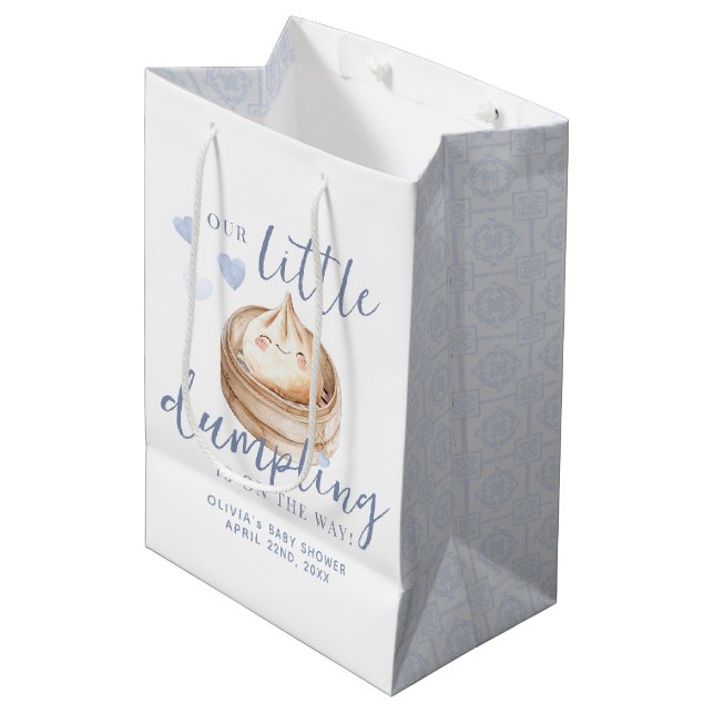 Little Dumpling Blue Boy Baby Shower Medium Gift Bag (Front Angled)