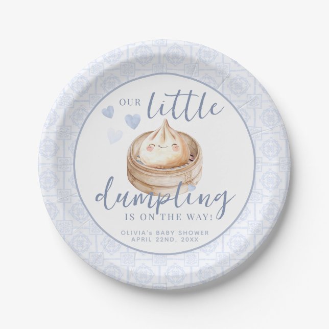 Little Dumpling Blue Watercolor Baby Shower Paper  Paper Plate (Front)