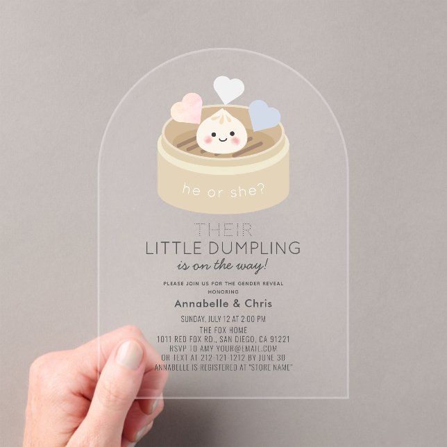 Little Dumpling Chinese Steamer Gender Reveal Acrylic Invitations (Insitu (Handheld))