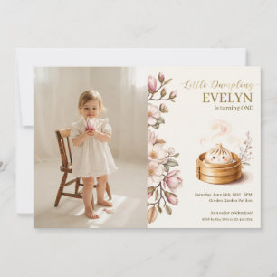 Little Dumpling Floral Photo Girl 1st Birthday Invitation