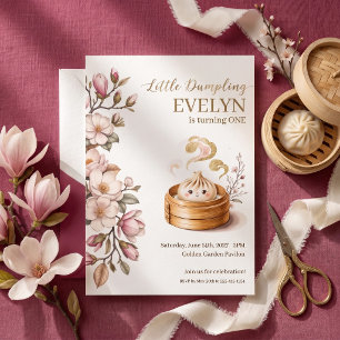 Little Dumpling Magnolia Floral Girl 1st Birthday  Invitation