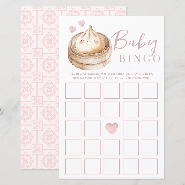 Little Dumpling Pink Baby Shower Bingo Game Card | (Front/Back)