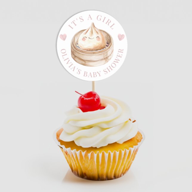 Little Dumpling Pink It’s a Girl Baby Shower Favou Classic Round Sticker (It's A Girl Baby Shower Favor Sticker)