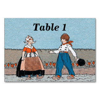 Little Dutch Girl Boy Wooden Shoes Red Tulips Table Number