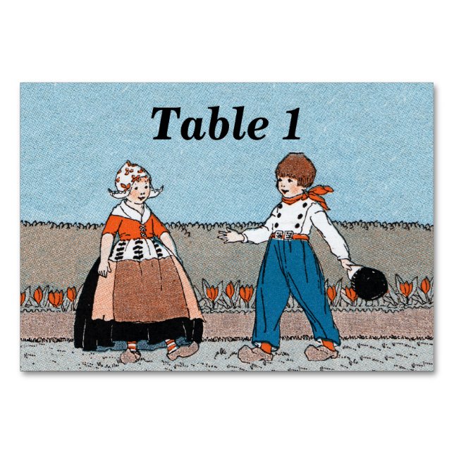 Little Dutch Girl Boy Wooden Shoes Red Tulips Table Number (Front)