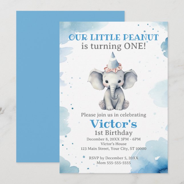 Little Elephant 1st Birthday Invitation (Front/Back)