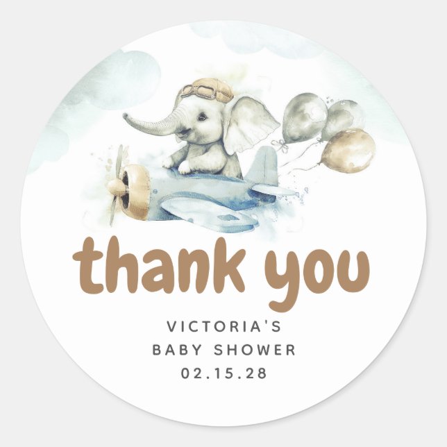 Little Elephant and Aeroplane Thank You Classic Round Sticker (Front)